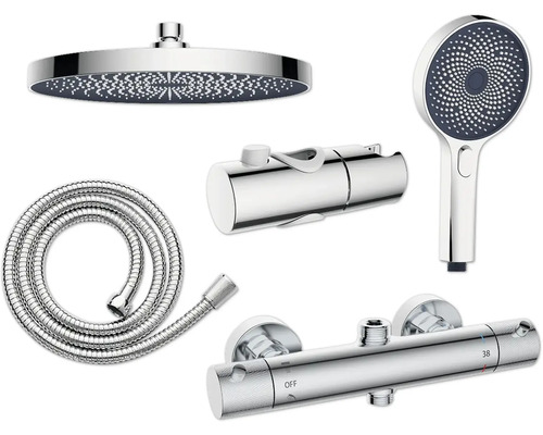 Brausegarnitur mit Kopfbrause, Handbrause, Brauseschlauch und Thermostat