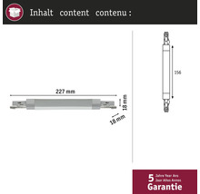 Technische Zeichnung eines Möbelscharniers mit den Maßen 227 mm Länge und 18 mm Breite sowie einer fünfjährigen Garantie