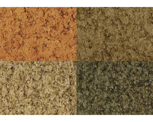 Nahaufnahme von Fischfutterflocken in vier verschiedenen Varianten