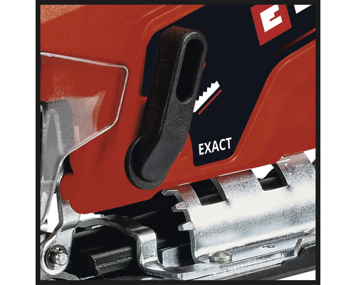 Detailansicht einer Stichsäge mit schwarzem Griff und silberfarbener Basis