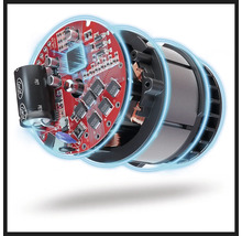 Innenansicht eines elektronischen Geräts mit Leiterplatte und elektronischen Bauteilen