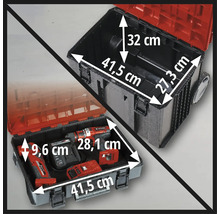 Abbildung eines Werkzeugkoffers mit Abmessungen, der offen und mit Werkzeugen gefüllt dargestellt wird.