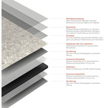 Schichtaufbau einer Platte mit Oberflächenveredelung, Deckschicht, Grundlack, Digitaldruck oder Uni-Lackschicht, Grundierung, Aluminium-Deckschicht und Plattenkern