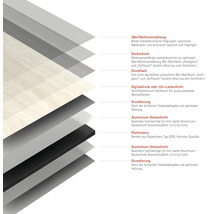 Schichtaufbau einer Platte mit Oberflächenveredelung, Deckschicht, Grundlack, Digitaldruck oder Uni-Lackschicht, Grundierung, Aluminium-Deckschicht und Plattenkern aus Polyethylen