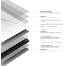 Schichtaufbau einer Platte mit Oberflächenveredelung, Deckschicht, Grundlack, Digitaldruckschicht, Grundierung, Aluminiumdeckschicht und Plattenkern