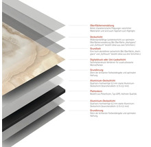 Schichtaufbau einer Platte mit Oberflächenveredelung, Deckschicht, Grundlack, Digitaldruckschicht, Grundierung, Aluminiumdeckschicht und Plattenkern aus Polyethylen