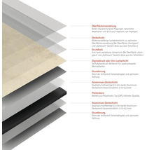 Schichtaufbau einer Platte mit Oberflächenveredelung, Deckschicht, Grundlack, Digitaldruck, Grundierung, Aluminiumdeckschicht und Plattenkern