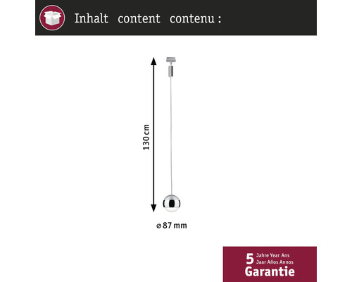 Kugelförmige Pendelleuchte mit einer Länge von 130 cm und einem Durchmesser von 87 mm