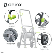 Geka Schlauchwagen Details: Gerätehalterung, werkzeuglose Montage, Steckanschlüsse aus Metall, griffige Vollgummiräder