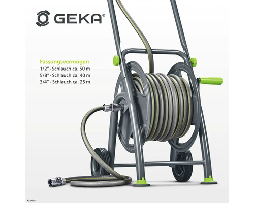Gartenschlauchwagen mit aufgerolltem Schlauch und GEKA Logo