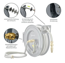 Gartenschlauchaufroller mit automatischem Rückzug, steuerbarer Arretierung, Winkelgelenkarmatur und GEKA Logo