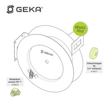 GEKA Logo, drehbare Winkelarmatur 90 Grad 1 Zoll, Ersatzteile, Schlauchstopper für 3/4 Zoll Schläuche