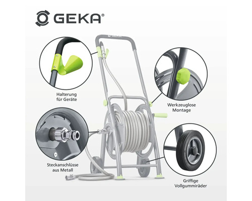 Gartenschlauchwagen mit Gerätehalterung, werkzeugloser Montage, Metall Steckanschlüssen und Vollgummirädern