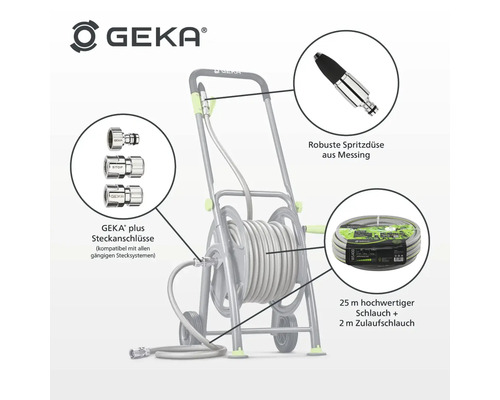 Gartenschlauchwagen mit 25 Meter Schlauch, 2 Meter Zulaufschlauch, Messing Spritzdüse und GEKA plus Steckanschlüssen