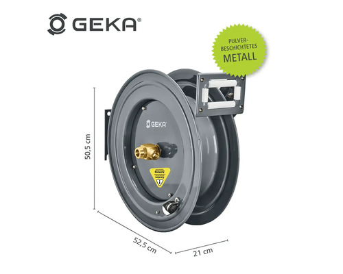 GEKA Schlauchaufroller aus pulverbeschichtetem Metall mit Maßangaben