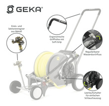 GEKA Schlauchwagen mit Metall-Kreis- und Sektorenregner, ergonomischer Griffhöhe mit Soft-Grip, regulierbarem Wasserdurchfluss und Leerlaufschalter für einfachen Schlauchauszug.