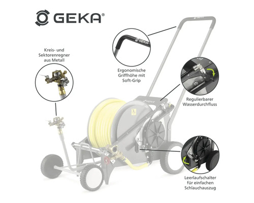 GEKA Schlauchwagen mit Metall-Kreis- und Sektorenregner, ergonomischer Griffhöhe mit Soft-Grip, regulierbarem Wasserdurchfluss und Leerlaufschalter für einfachen Schlauchauszug.