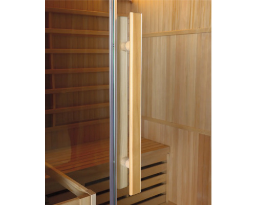 Sauna mit Glastür und Holzgriff