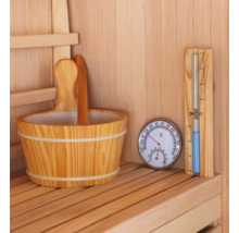 Saunaeimer, Sanduhr und Thermometer aus Holz