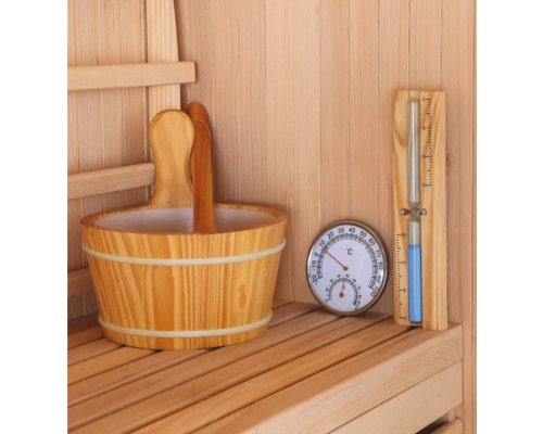 Saunaeimer, Sanduhr und Thermometer aus Holz
