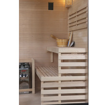 Innenausstattung einer Sauna mit Holzverkleidung, Bänken, Ofen mit Steinen und Zubehör