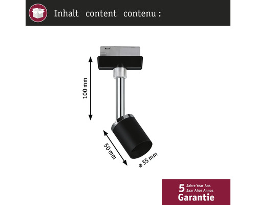 Schienenstrahler mit den Maßen 100 mm, 50 mm und 35 mm im Detail.
