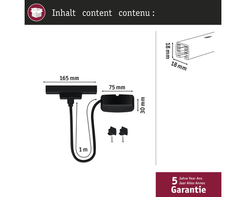 Inhalt des Produkts mit Maßangaben und fünf Jahre Garantie