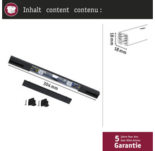 Innenansicht einer 304 Millimeter langen LED-Leuchte mit Zubehör und Maßangaben, inklusive 5 Jahre Garantie