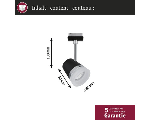 Abmessungen einer Schienenleuchte: 180 mm Höhe, 90 mm Tiefe, 85 mm Durchmesser