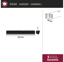 Packungsinhalt: Eine 161 Millimeter lange Führungsschiene, eine Schraube und eine Endkappe mit den Maßen 18 mal 18 Millimeter. Fünf Jahre Garantie.