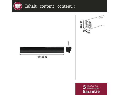 Packungsinhalt: Eine 161 Millimeter lange Führungsschiene, eine Schraube und eine Endkappe mit den Maßen 18 mal 18 Millimeter. Fünf Jahre Garantie.