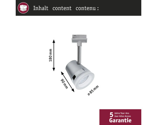 Abmessungen eines silberfarbenen Strahlers mit 5 Jahren Garantie