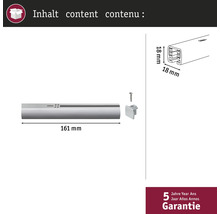 Inhalt des Produkts mit Maßangaben und 5 Jahre Garantie