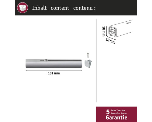 Inhalt des Produkts mit Maßangaben und 5 Jahre Garantie