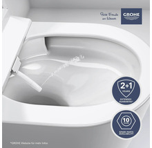 Nahaufnahme einer Toilette mit Duschfunktion in Betrieb, Grohe Logo, Siegel für 2+1 Jahre erweiterte Garantie, Siegel für 10 Jahre Ersatzteilverfügbarkeit