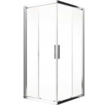 Eckdusche mit transparentem Glas und silberfarbenem Rahmen