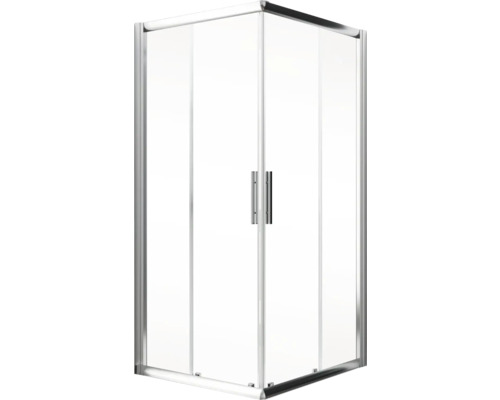 Eckdusche mit transparentem Glas und silberfarbenem Rahmen