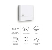 Steinel Dämmerungsschalter mit den Eigenschaften: maximale Leistung 1000 Watt, Dämmerungsschalterfunktion, Schutzart IP54, plastikfreie Verpackung, 1 bis 75 Lux und kabelgebundene Verbindung