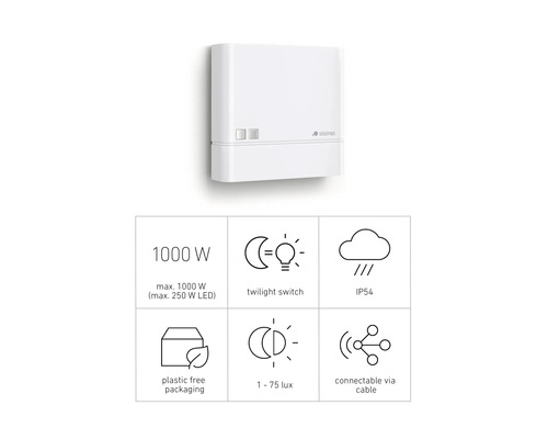 Steinel Dämmerungsschalter mit den Eigenschaften: maximale Leistung 1000 Watt, Dämmerungsschalterfunktion, Schutzart IP54, plastikfreie Verpackung, 1 bis 75 Lux und kabelgebundene Verbindung