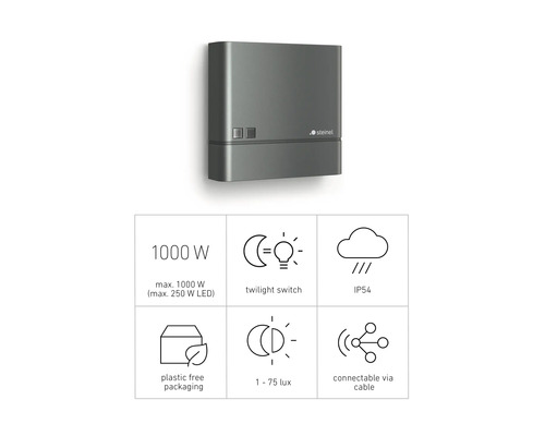 Steinel Logo, maximale Leistung 1000 Watt, Dämmerungsschalter, Schutzart IP54, plastikfreie Verpackung, 1 bis 75 Lux, Kabelanschluss