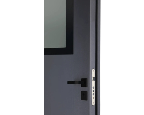 Detailansicht einer Tür mit Fenster, Griff und Schloss