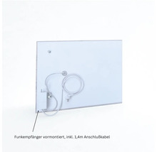 Rückseite eines Spiegels mit vormontiertem Funkempfänger und 1,4 Meter Anschlusskabel