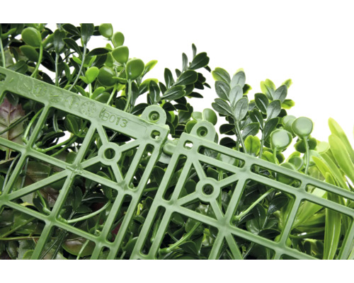 Künstliche Pflanzenwand mit grünen Blättern und Kunststoffgitter