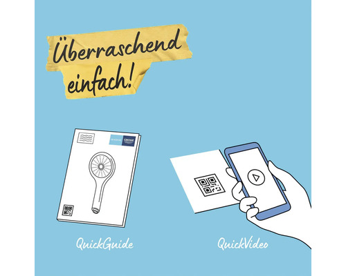 Abbildung einer Bedienungsanleitung und ein QR-Code für ein Video zur Installation