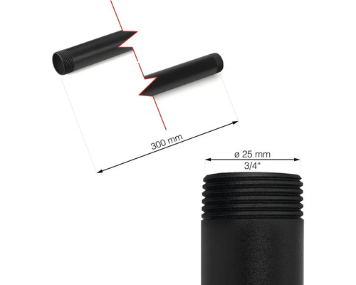 Schwarzes Gewinderohr mit einer Länge von 300 Millimetern und einem Durchmesser von 25 Millimetern