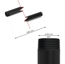 Abbildung eines schwarzen Gewinderohrs mit den Maßen 500 mm Länge und 25 mm Durchmesser