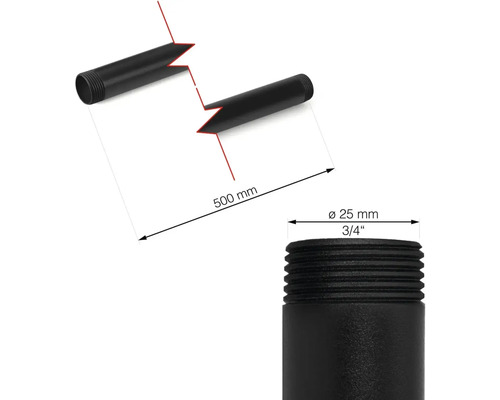 Abbildung eines schwarzen Gewinderohrs mit den Maßen 500 mm Länge und 25 mm Durchmesser