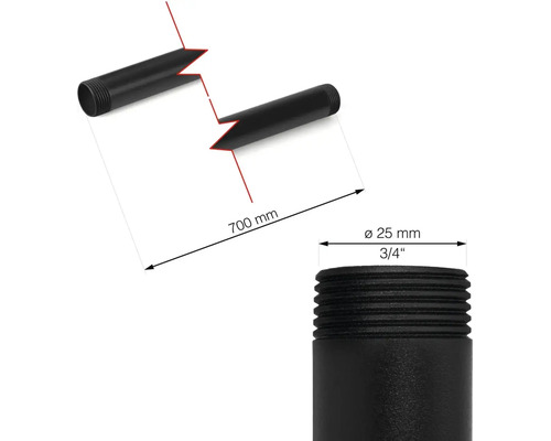 Abbildung eines 700 Millimeter langen Gewinderohrs mit einem Durchmesser von 25 Millimetern