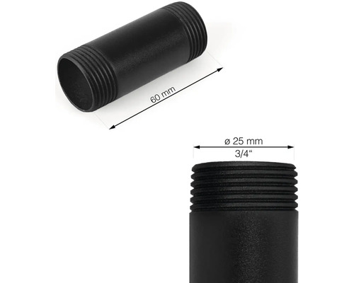 Schwarzes Rohrnippel, 60 mm lang, 25 mm Durchmesser