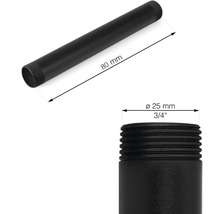 Abbildung eines schwarzen Gewinderohrs mit den Maßen 80 mm Länge und 25 mm Durchmesser.